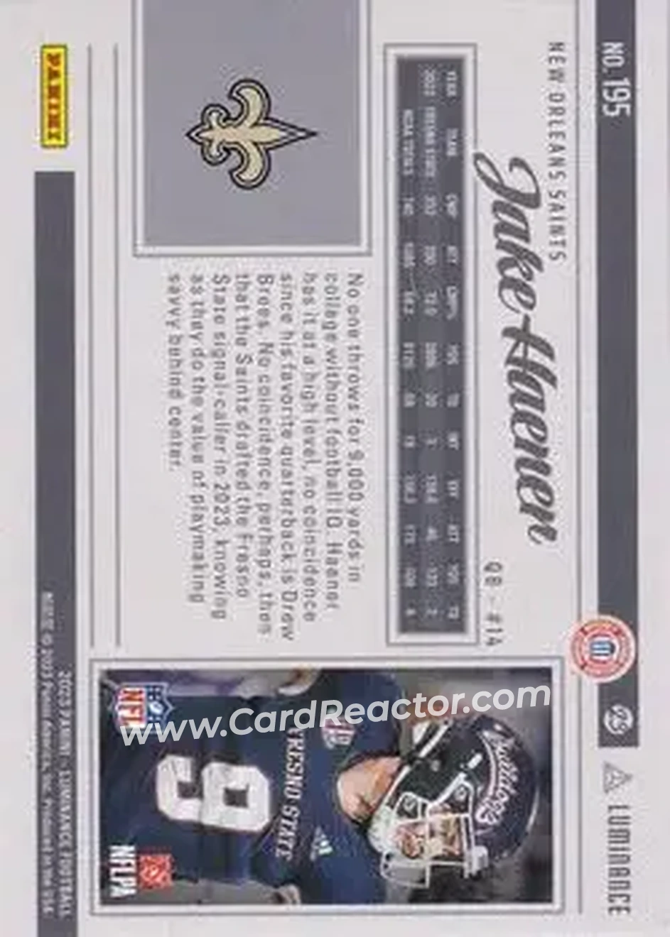 2023 Panini Luminance - Gold #195 - Jake Haener - New Orleans Saints - Back