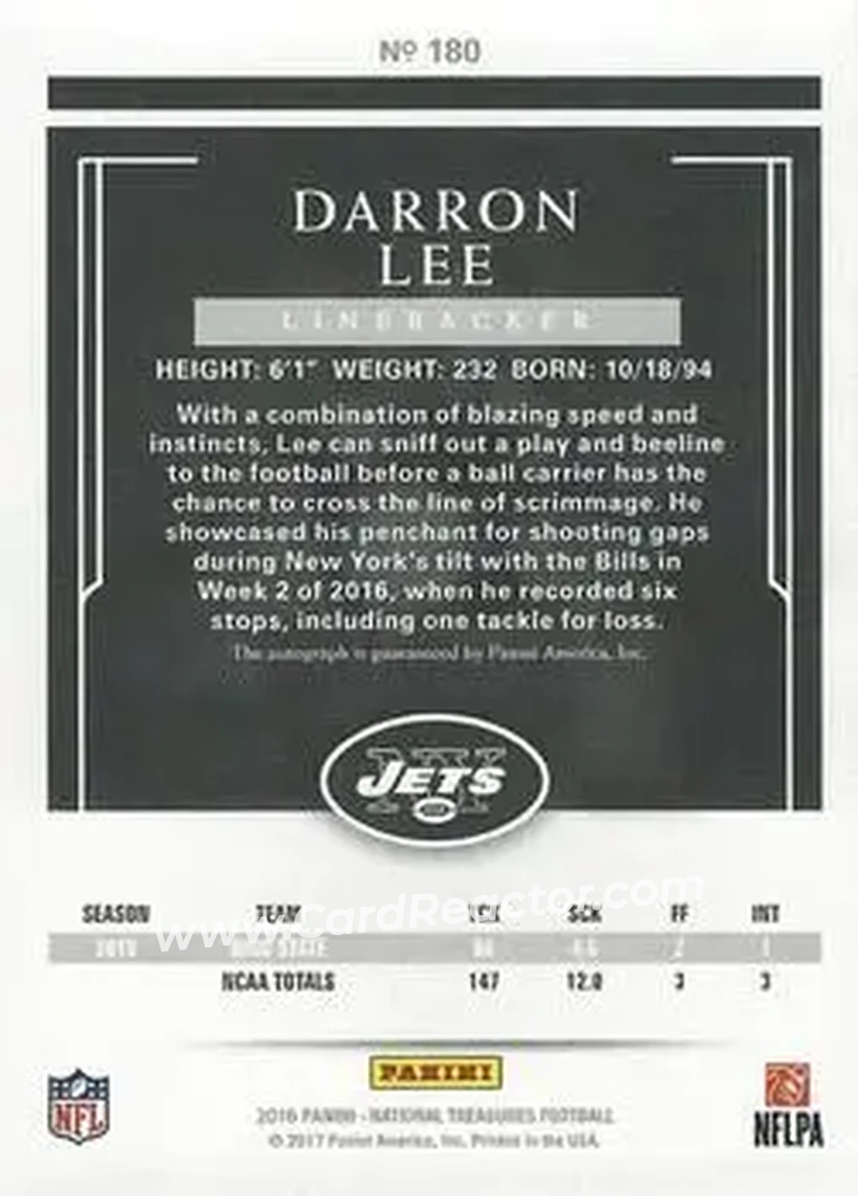 2016 Panini National Treasures - Emerald #180 - Darron Lee - New York Jets - Back