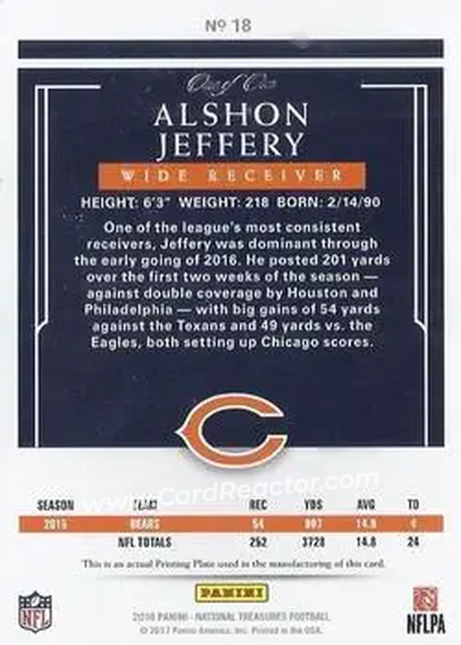 2016 Panini National Treasures - Press Plates Cyan #18 - Alshon Jeffery - Chicago Bears - Back