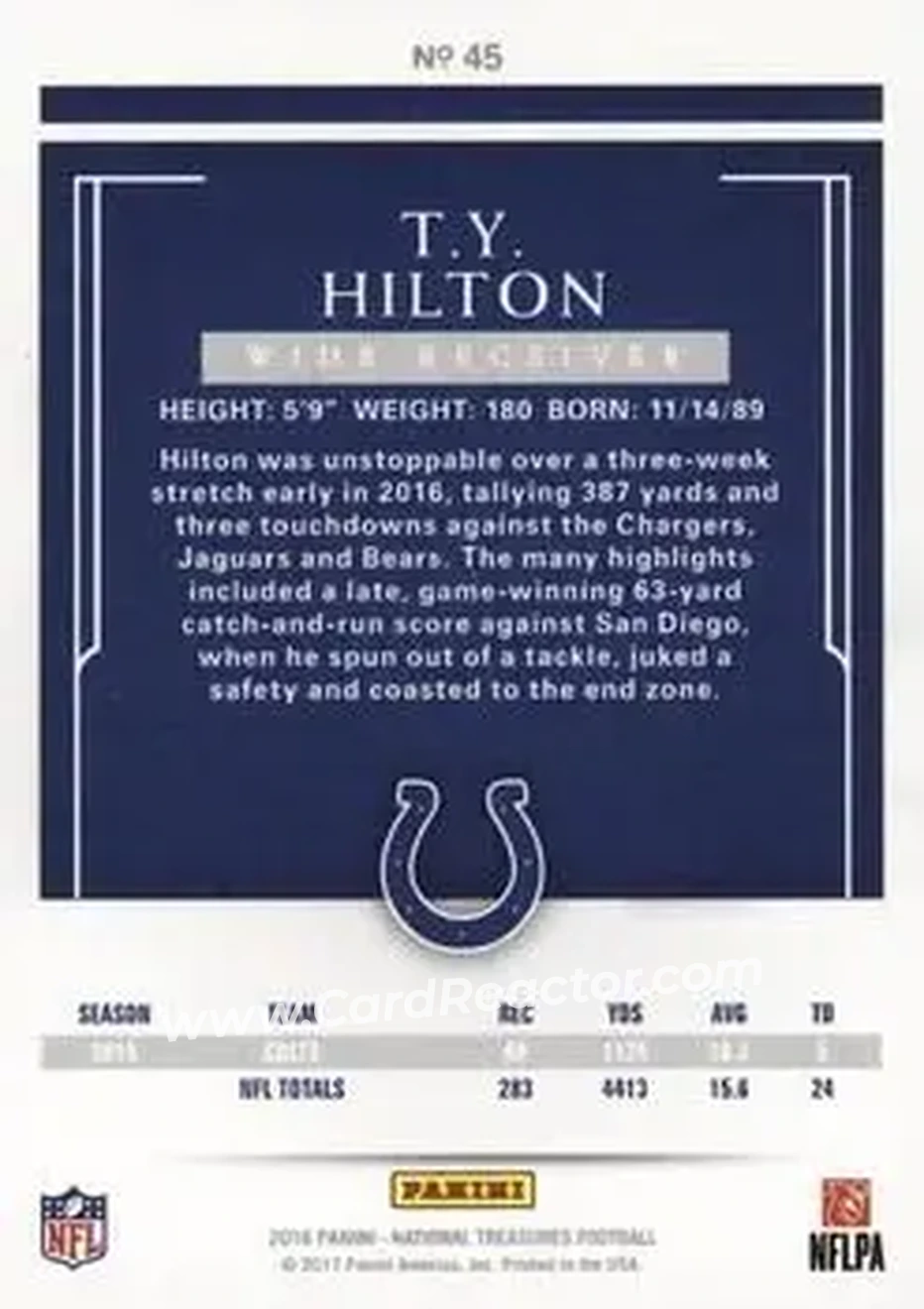 2016 Panini National Treasures - Platinum #45 - T.Y. Hilton - Indianapolis Colts - Back