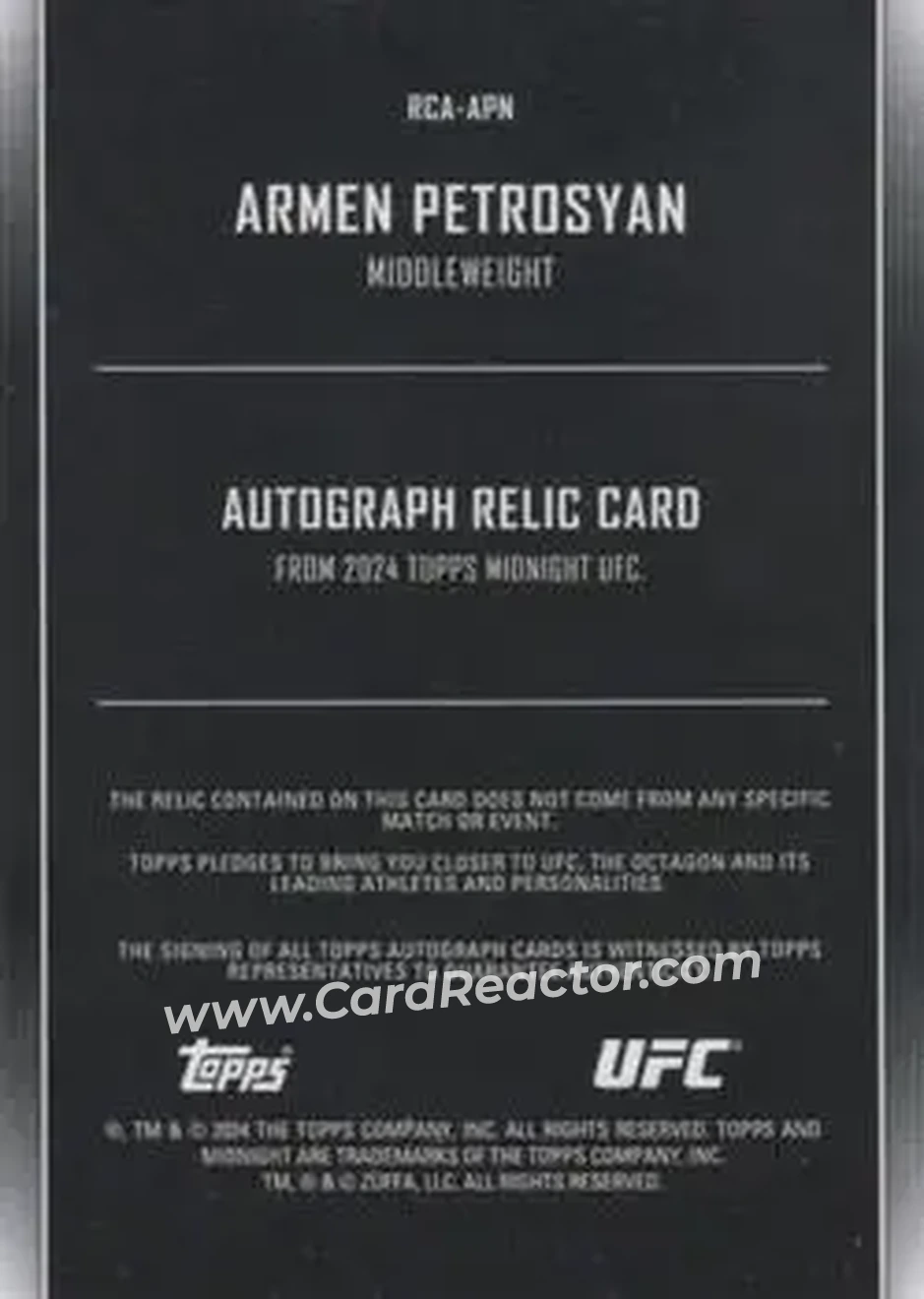 2024 Topps Midnight UFC - Relic Autographs #RCA-APN - Armen Petrosyan - Back