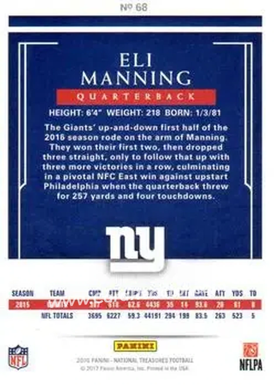 2016 Panini National Treasures - Holo Gold #68 - Eli Manning - New York Giants - Back