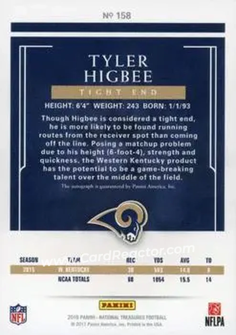2016 Panini National Treasures - Holo Gold #158 - Tyler Higbee - Los Angeles Rams - Back