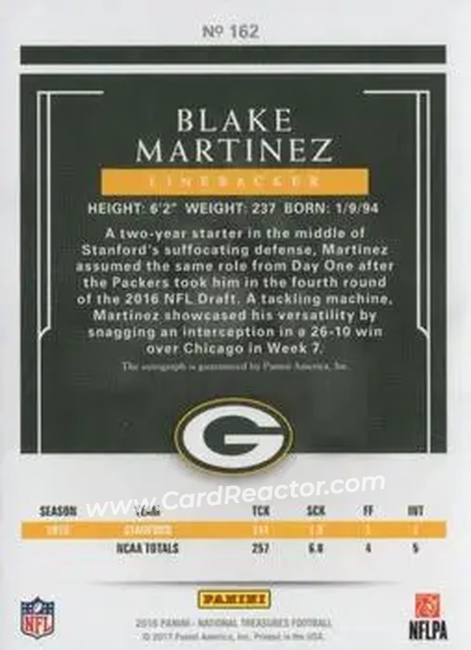 2016 Panini National Treasures - Holo Gold #162 - Blake Martinez - Green Bay Packers - Back