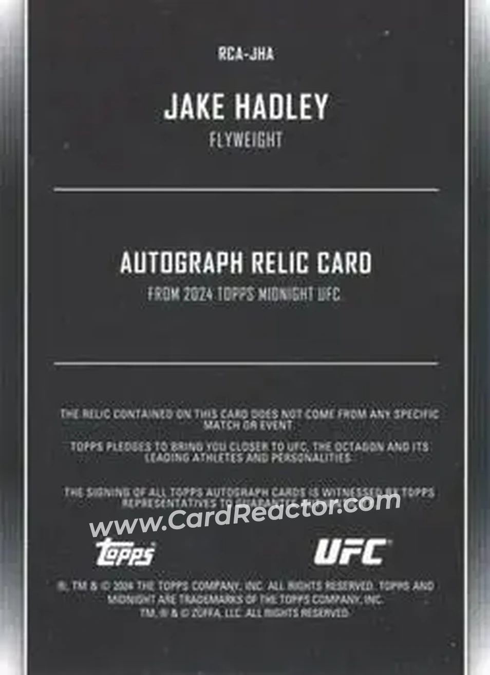 2024 Topps Midnight UFC - Relic Autographs Twilight #RCA-JHA - Jake Hadley - Back 2024 Topps Midnight UFC - Relic Autographs Twilight #RCA-JHA - Jake Hadley - Back