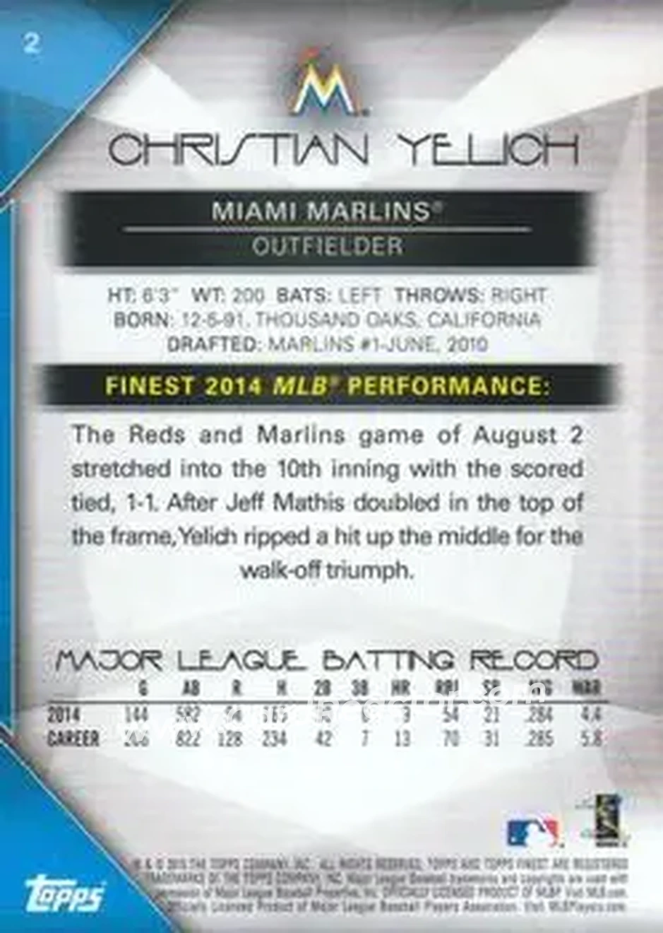 2015 Finest #2 - Christian Yelich - Miami Marlins - Back