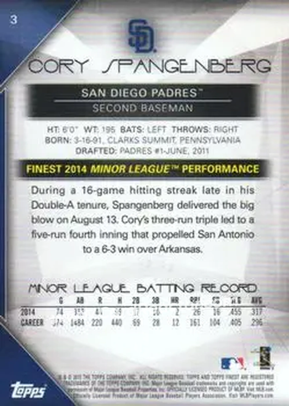 2015 Finest #3 - Cory Spangenberg - San Diego Padres - Back 2015 Finest #3 - Cory Spangenberg - San Diego Padres - Back