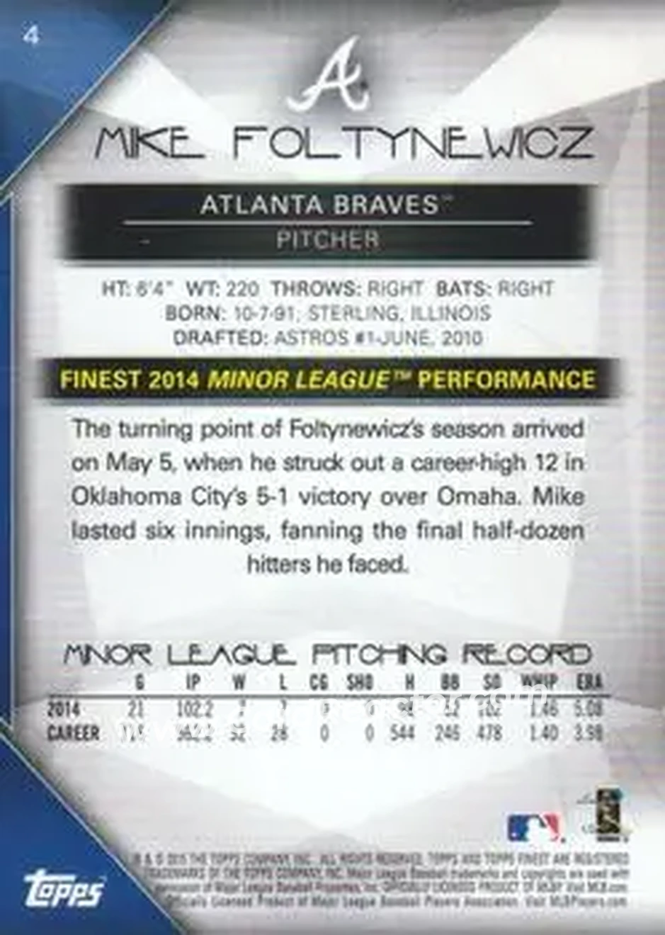 2015 Finest #4 - Mike Foltynewicz - Atlanta Braves - Back