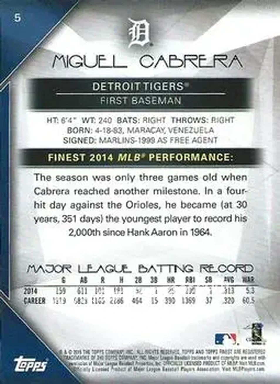 2015 Finest #5 - Miguel Cabrera - Detroit Tigers - Back