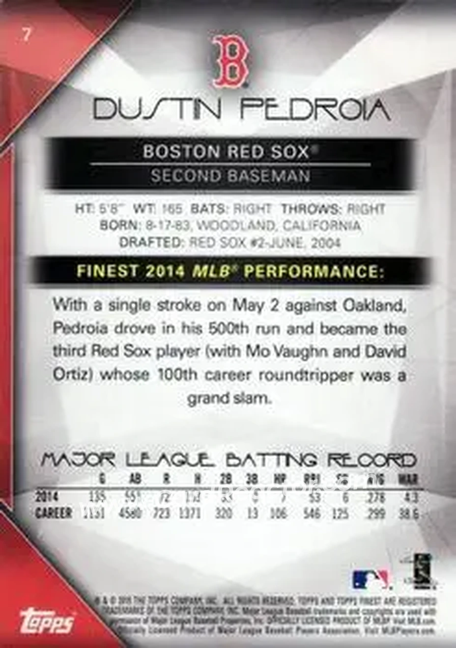 2015 Finest #7 - Dustin Pedroia - Boston Red Sox - Back