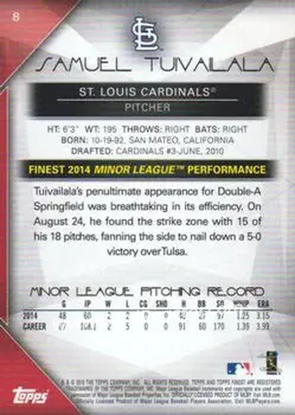 2015 Finest #8 - Sam Tuivailala - St. Louis Cardinals - Back