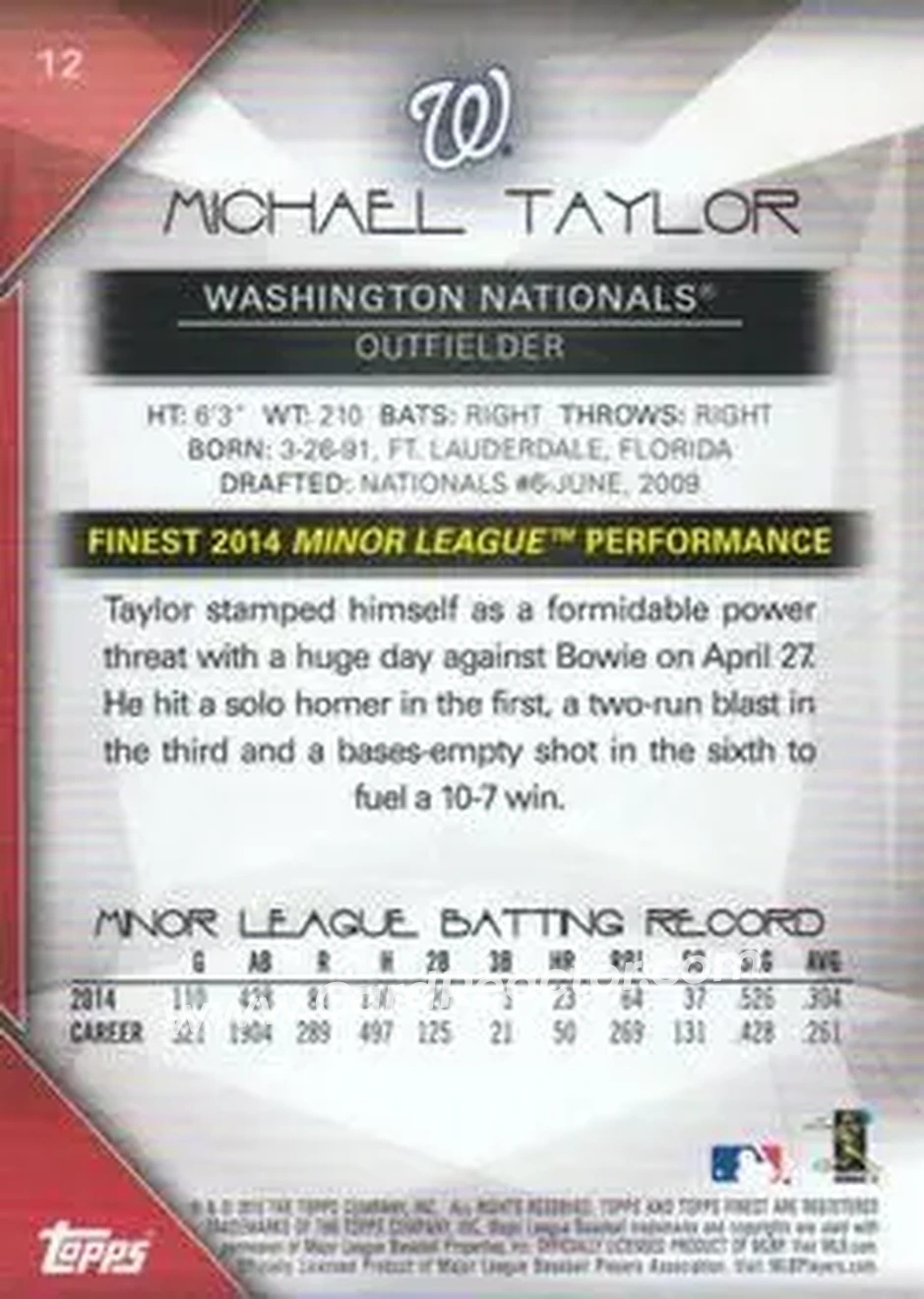 2015 Finest #12 - Michael Taylor - Washington Nationals - Back 2015 Finest #12 - Michael Taylor - Washington Nationals - Back