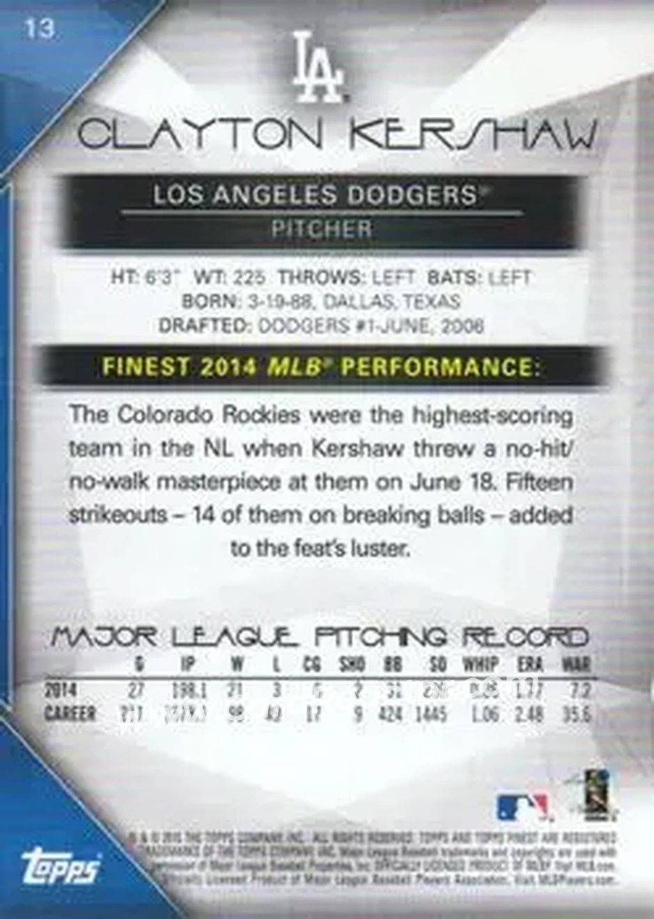 2015 Finest #13 - Clayton Kershaw - Los Angeles Dodgers - Back 2015 Finest #13 - Clayton Kershaw - Los Angeles Dodgers - Back