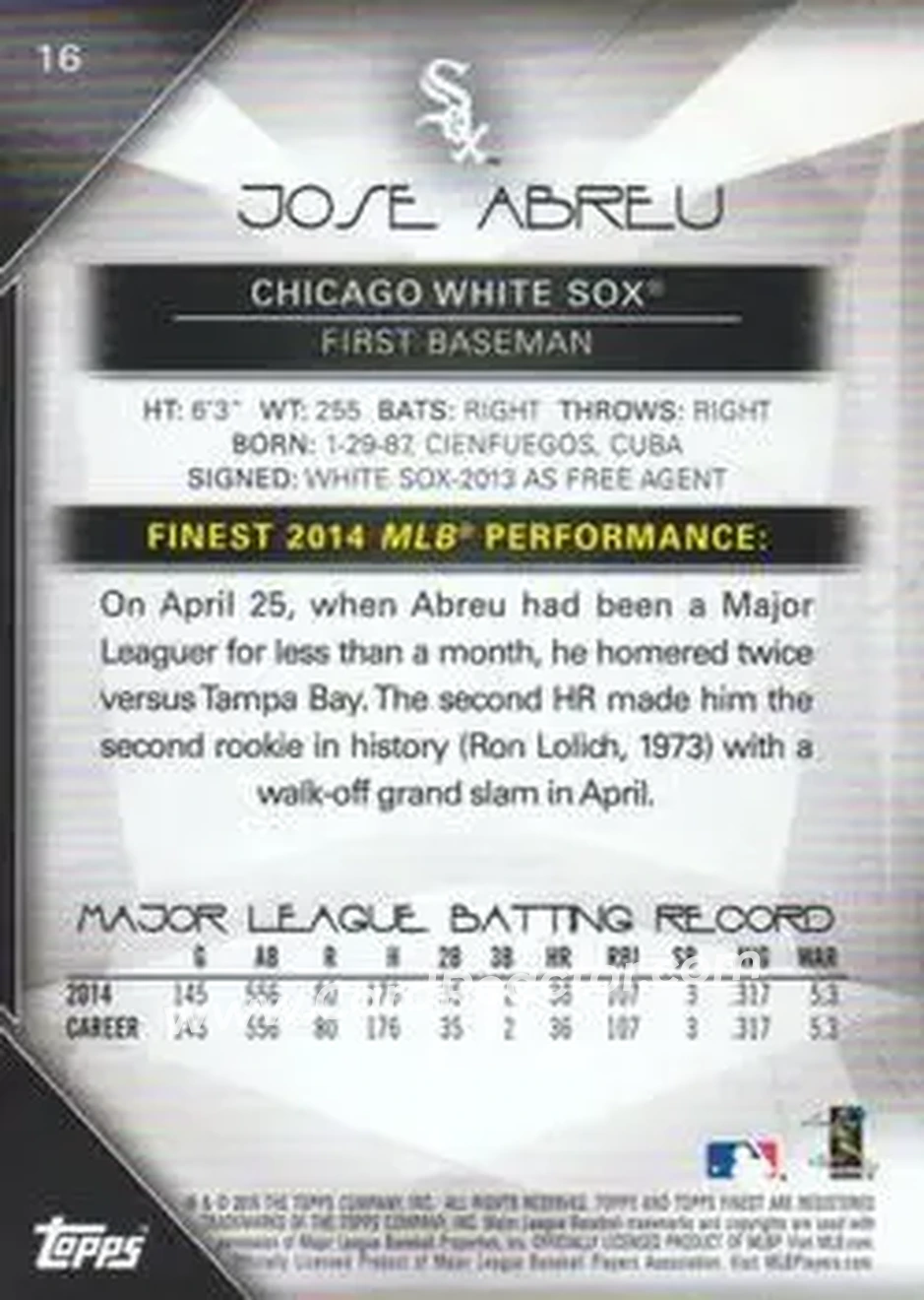 2015 Finest #16 - Jose Abreu - Chicago White Sox - Back
