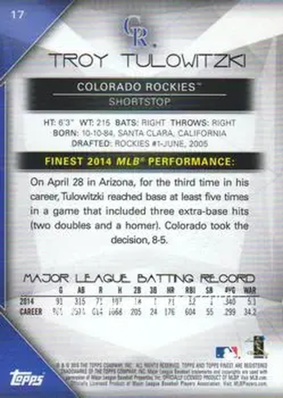 2015 Finest #17 - Troy Tulowitzki - Colorado Rockies - Back