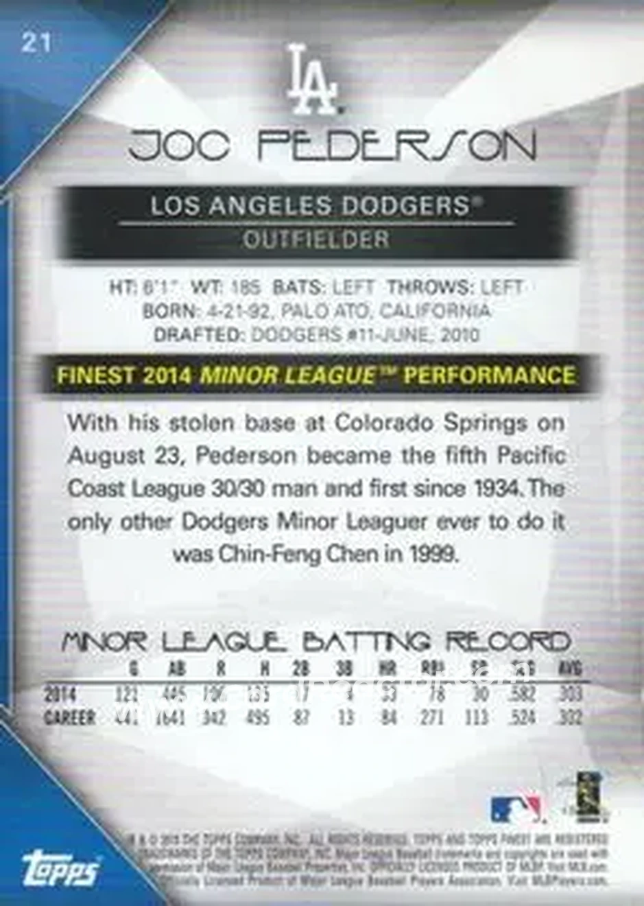 2015 Finest #21 - Joc Pederson - Los Angeles Dodgers - Back 2015 Finest #21 - Joc Pederson - Los Angeles Dodgers - Back