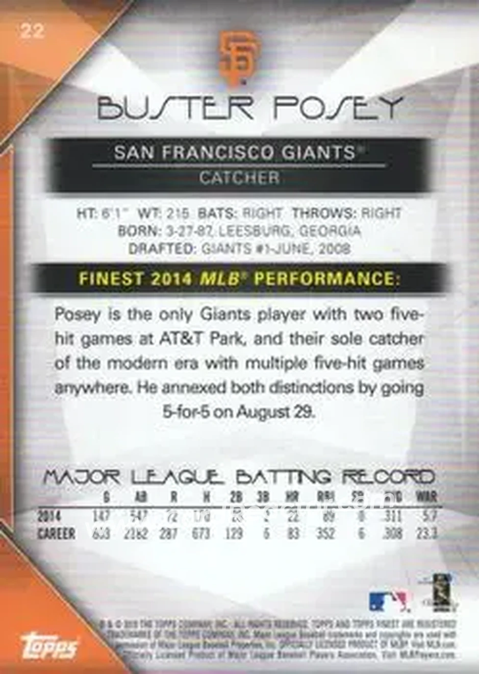 2015 Finest #22 - Buster Posey - San Francisco Giants - Back