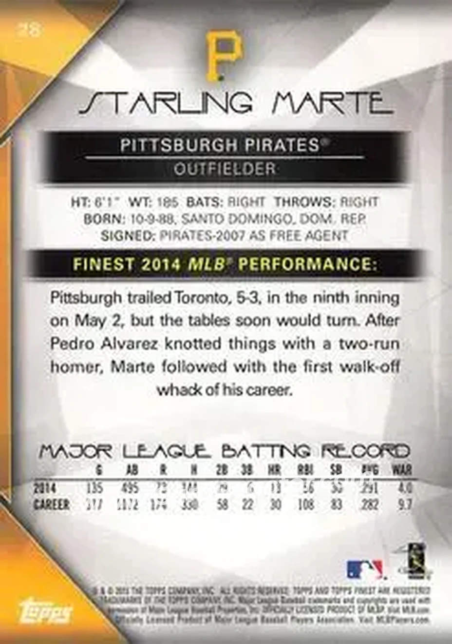 2015 Finest #28 - Starling Marte - Pittsburgh Pirates - Back