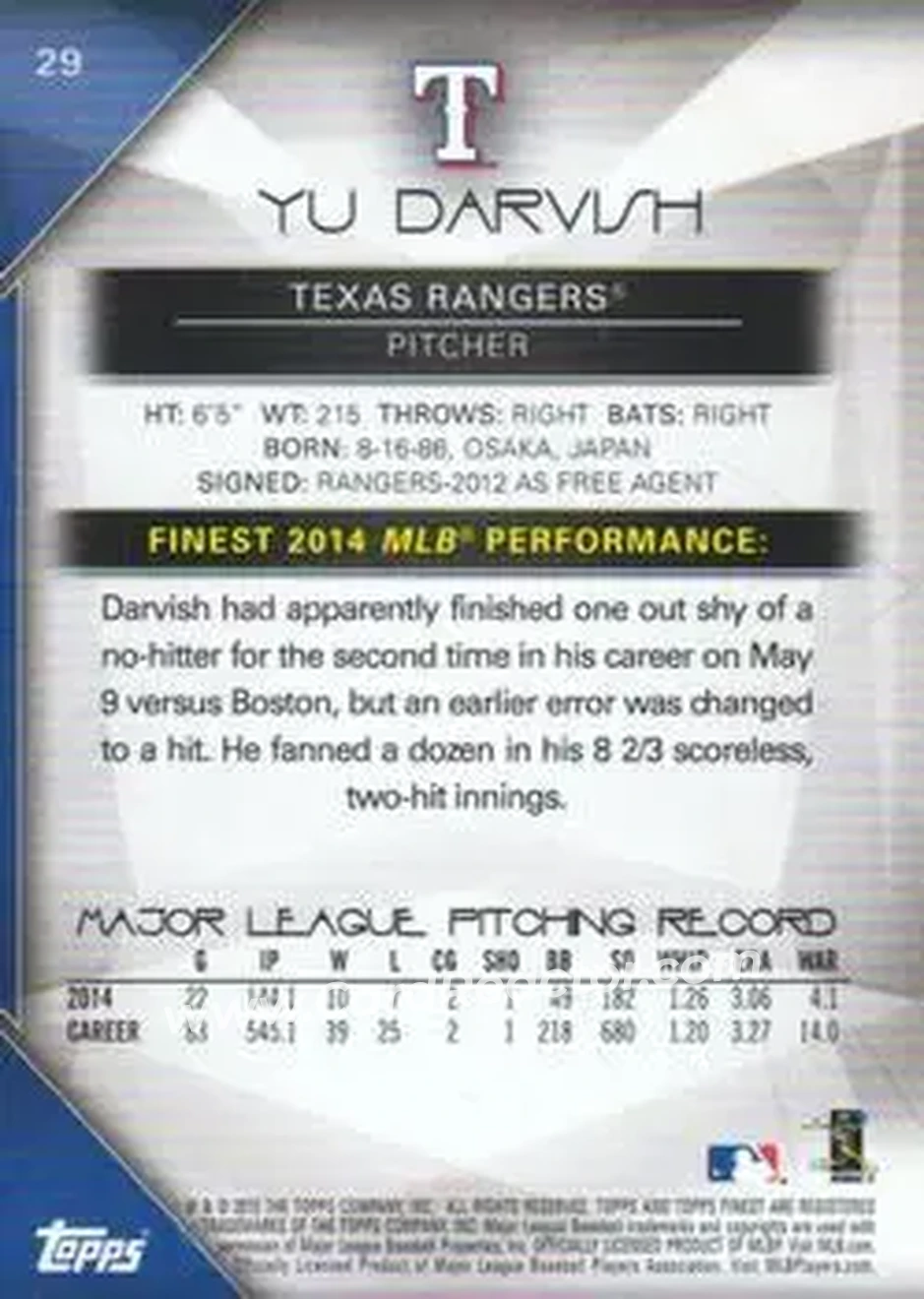 2015 Finest #29 - Yu Darvish - Texas Rangers - Back