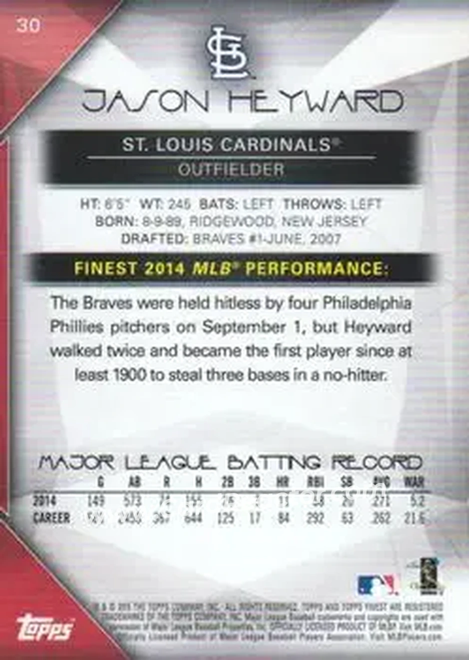 2015 Finest #30 - Jason Heyward - St. Louis Cardinals - Back
