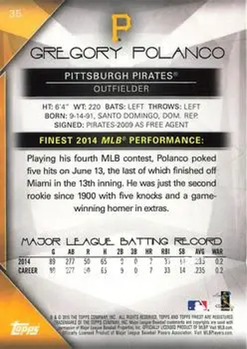 2015 Finest #35 - Gregory Polanco - Pittsburgh Pirates - Back 2015 Finest #35 - Gregory Polanco - Pittsburgh Pirates - Back