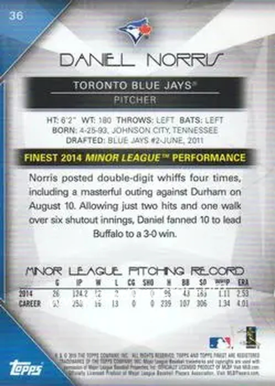 2015 Finest #36 - Daniel Norris - Toronto Blue Jays - Back 2015 Finest #36 - Daniel Norris - Toronto Blue Jays - Back