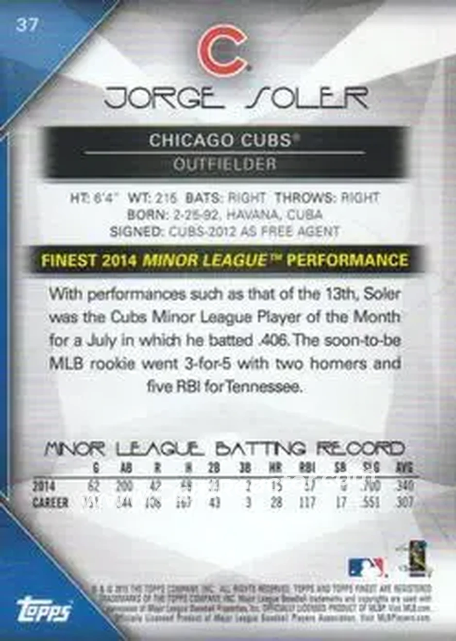 2015 Finest #37 - Jorge Soler - Chicago Cubs - Back 2015 Finest #37 - Jorge Soler - Chicago Cubs - Back