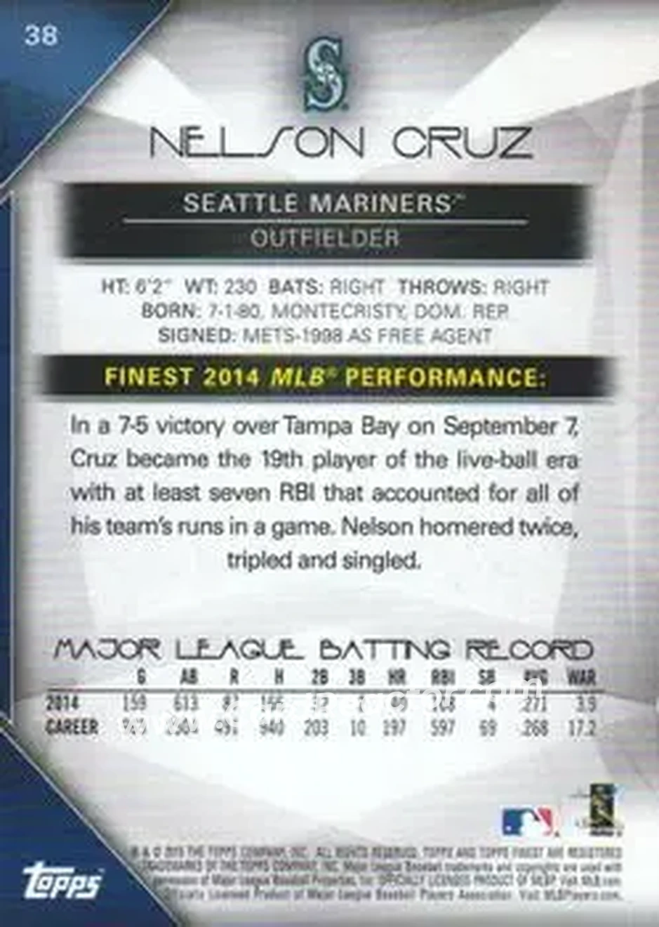 2015 Finest #38 - Nelson Cruz - Seattle Mariners - Back