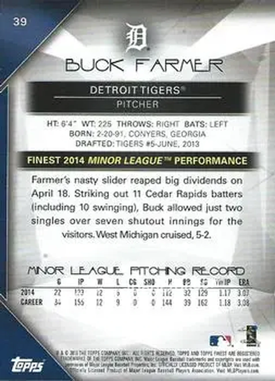2015 Finest #39 - Buck Farmer - Detroit Tigers - Back 2015 Finest #39 - Buck Farmer - Detroit Tigers - Back
