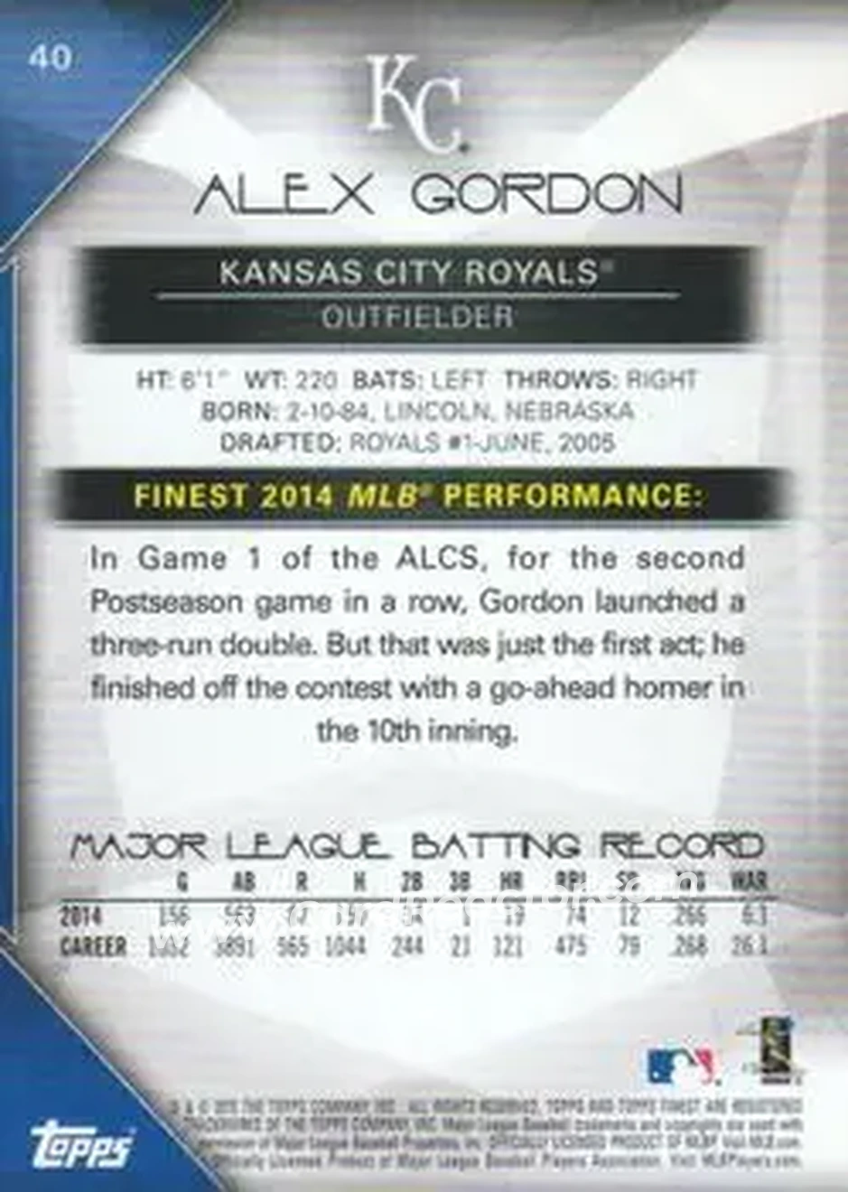 2015 Finest #40 - Alex Gordon - Kansas City Royals - Back 2015 Finest #40 - Alex Gordon - Kansas City Royals - Back