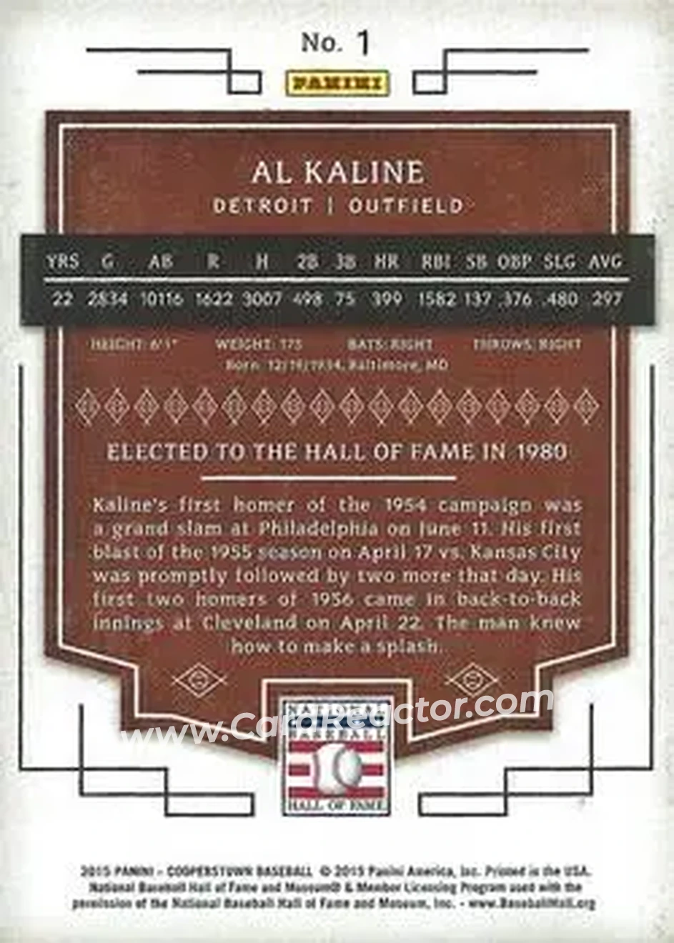 2015 Panini Cooperstown #1 - Al Kaline - Detroit Tigers - Back