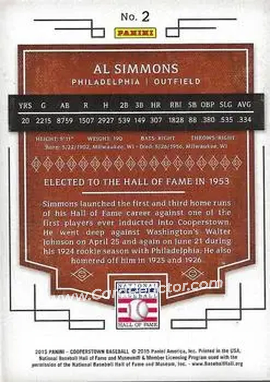 2015 Panini Cooperstown #2 - Al Simmons - Philadelphia Athletics - Back