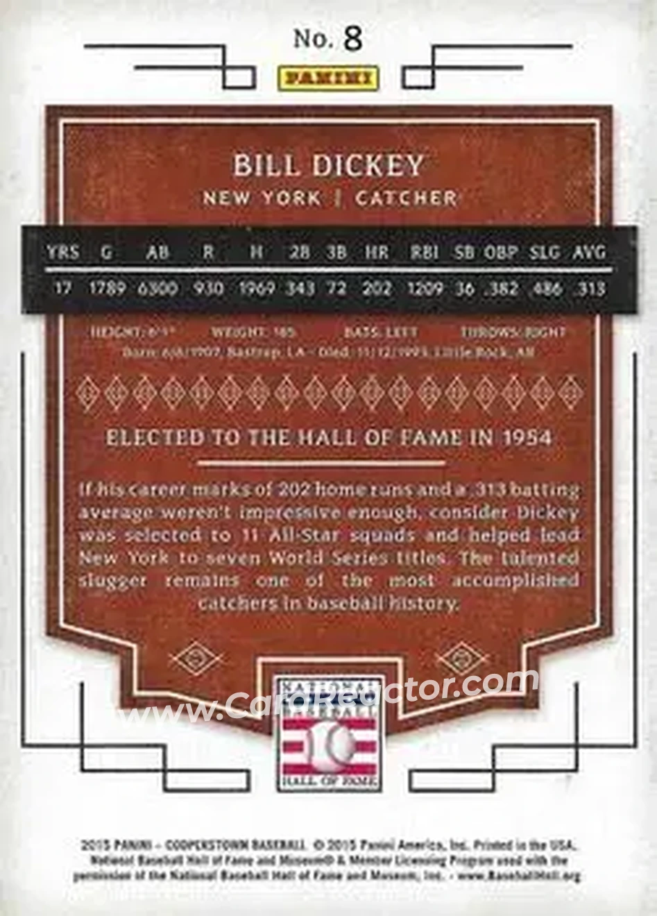 2015 Panini Cooperstown #8 - Bill Dickey - New York Yankees - Back