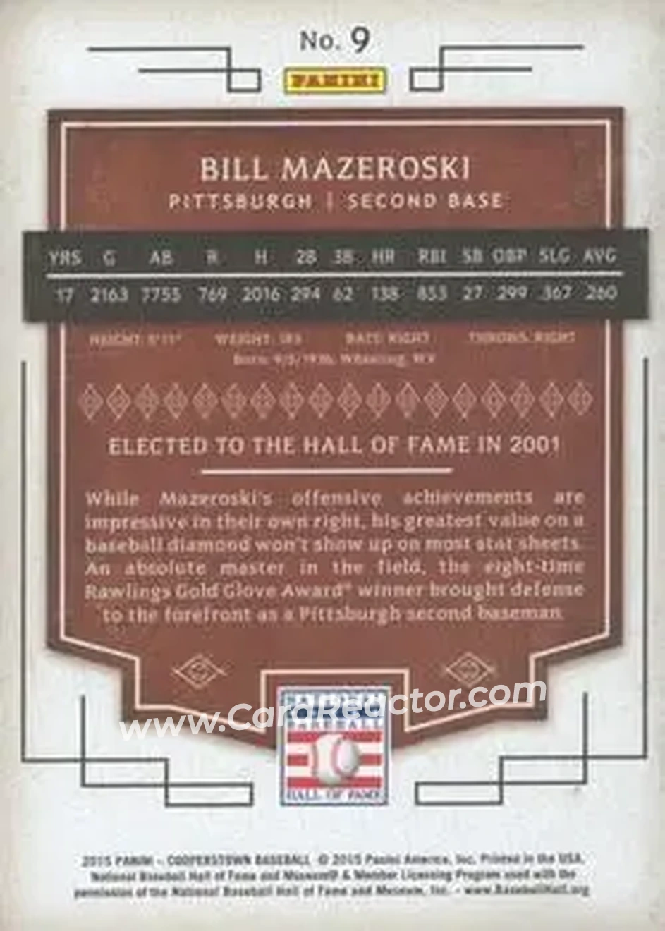 2015 Panini Cooperstown #9 - Bill Mazeroski - Pittsburgh Pirates - Back