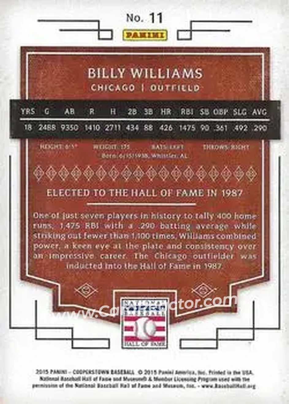 2015 Panini Cooperstown #11 - Billy Williams - Chicago Cubs - Back 2015 Panini Cooperstown #11 - Billy Williams - Chicago Cubs - Back