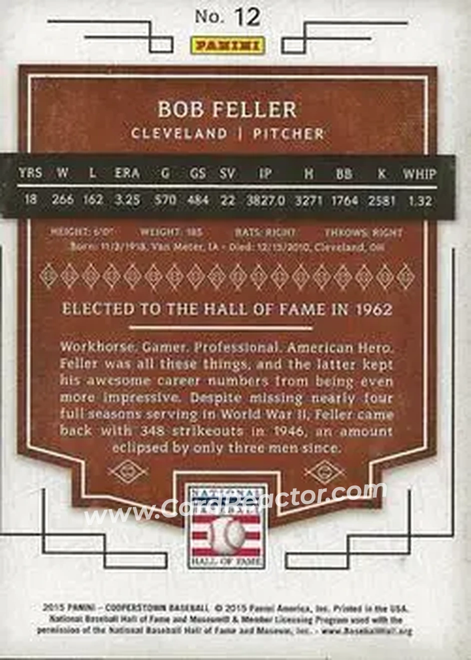 2015 Panini Cooperstown #12 - Bob Feller - Cleveland Indians - Back