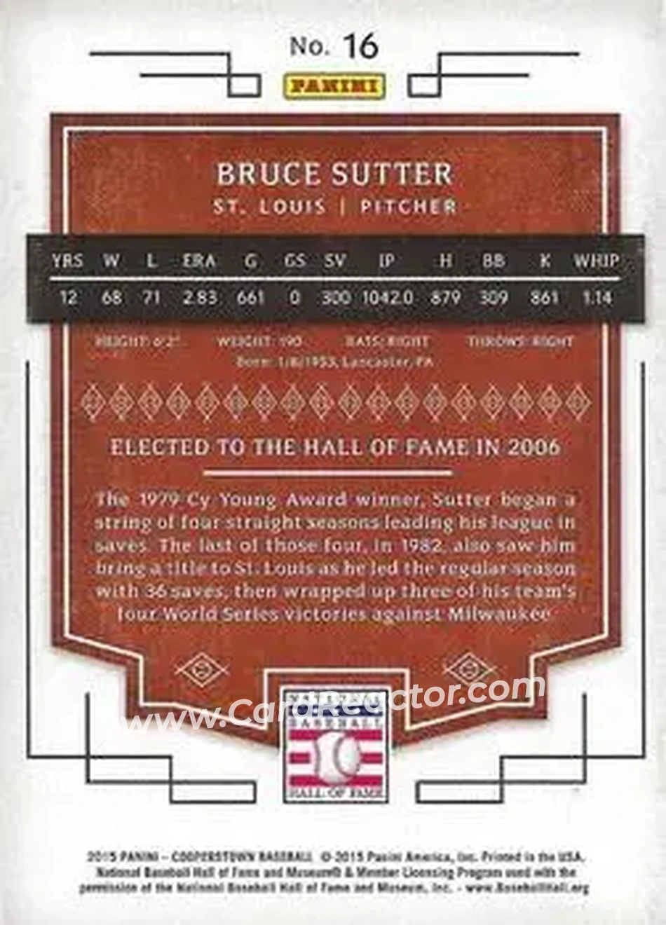 2015 Panini Cooperstown #16 - Bruce Sutter - St. Louis Cardinals - Back 2015 Panini Cooperstown #16 - Bruce Sutter - St. Louis Cardinals - Back