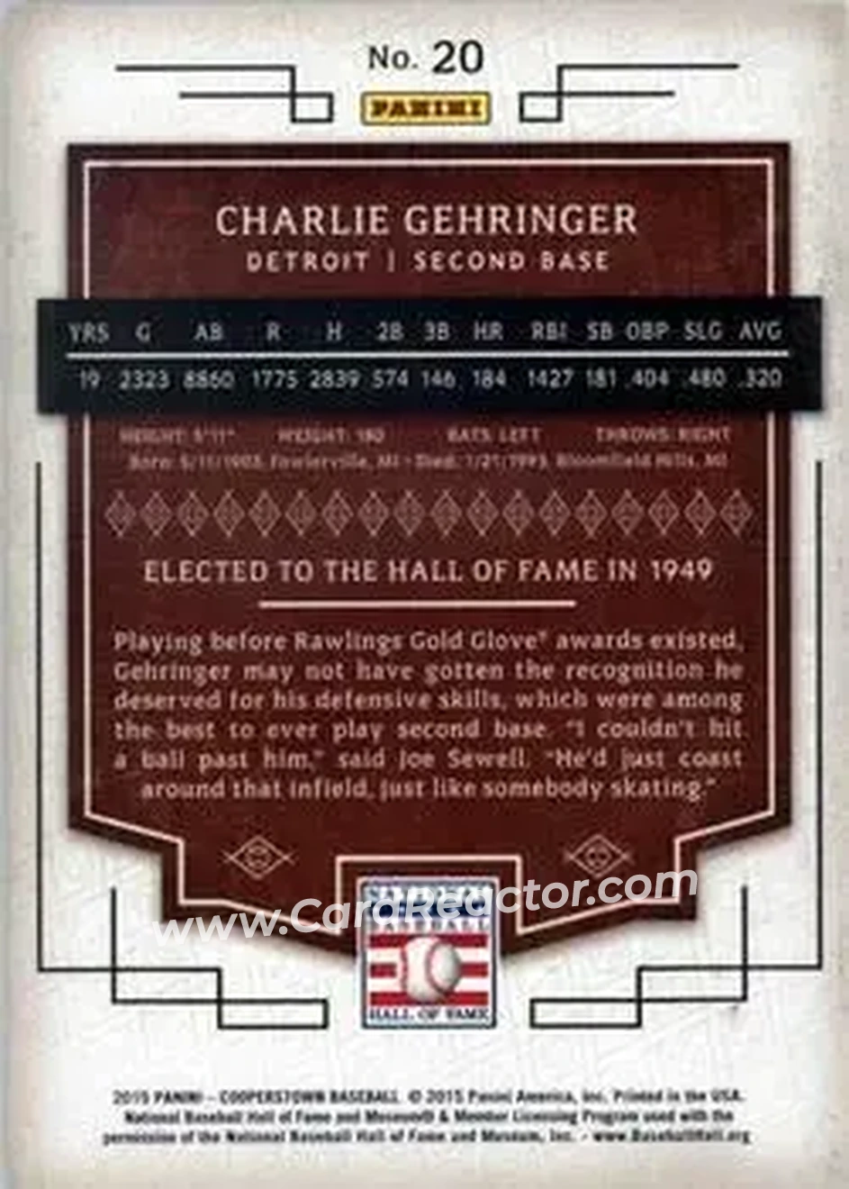 2015 Panini Cooperstown #20 - Charlie Gehringer - Detroit Tigers - Back