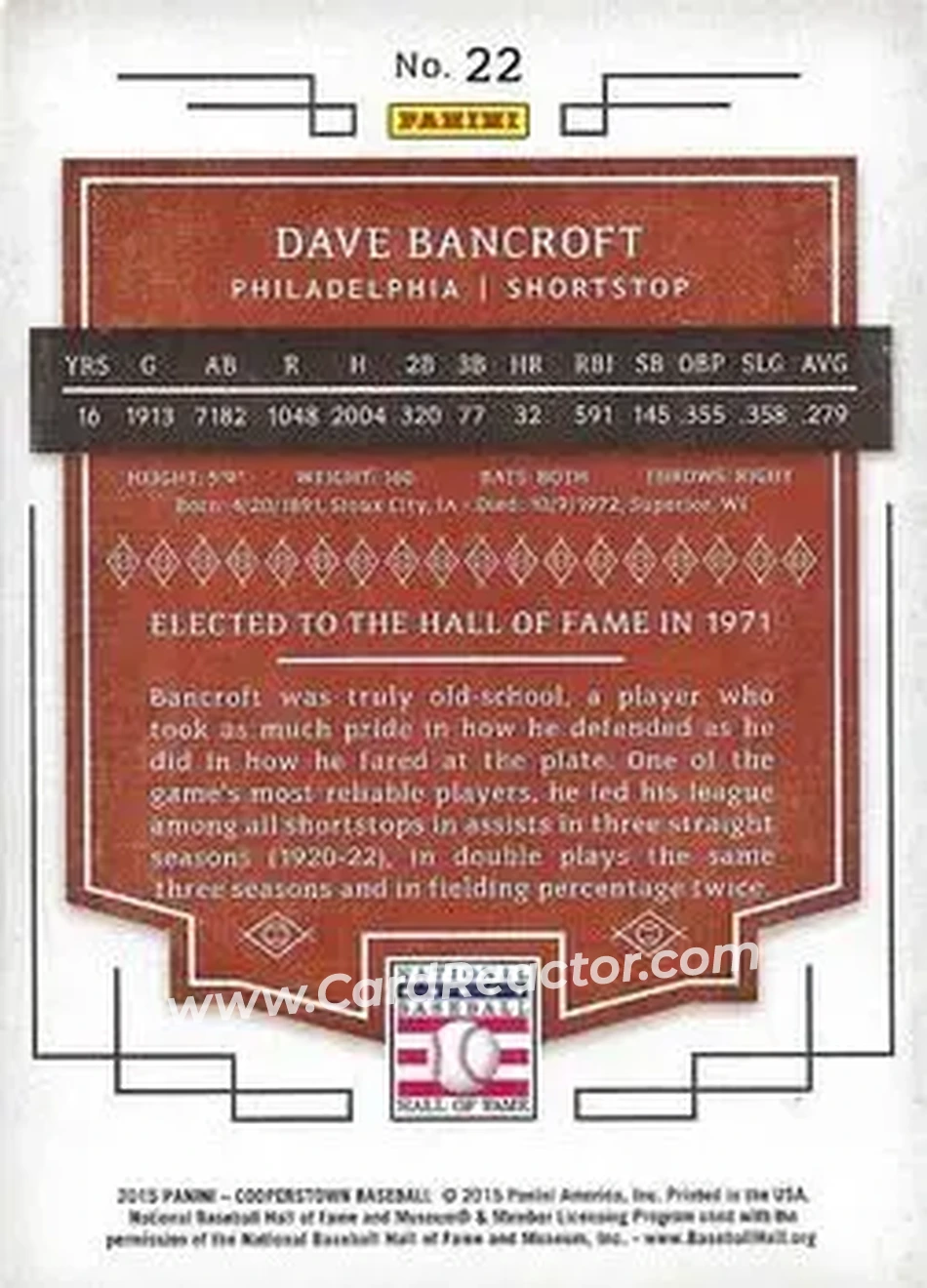 2015 Panini Cooperstown #22 - Dave Bancroft - Philadelphia Phillies - Back