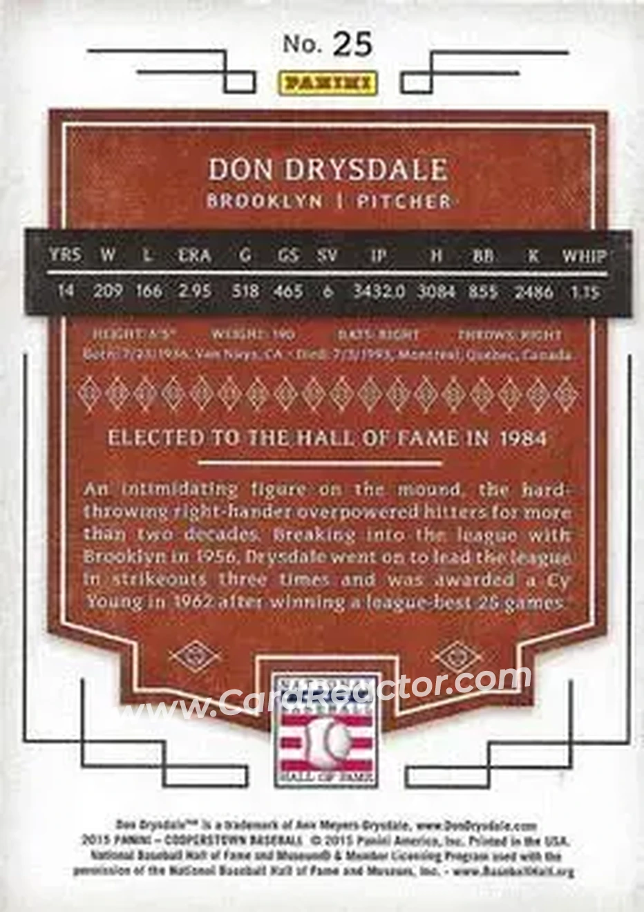 2015 Panini Cooperstown #25 - Don Drysdale - Brooklyn Dodgers - Back