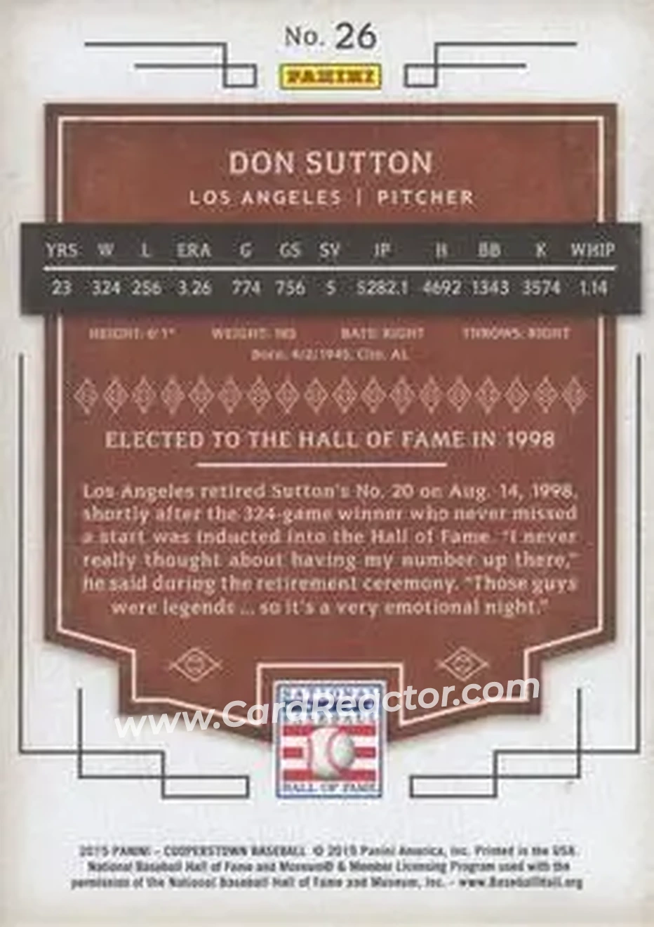 2015 Panini Cooperstown #26 - Don Sutton - Los Angeles Dodgers - Back 2015 Panini Cooperstown #26 - Don Sutton - Los Angeles Dodgers - Back