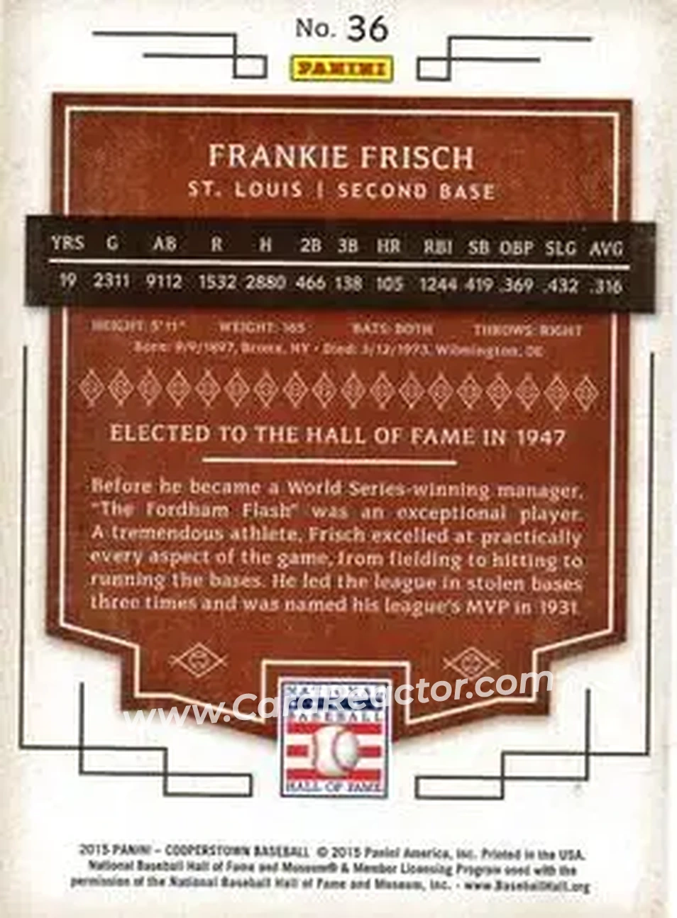 2015 Panini Cooperstown #36 - Frank Frisch - St. Louis Cardinals - Back