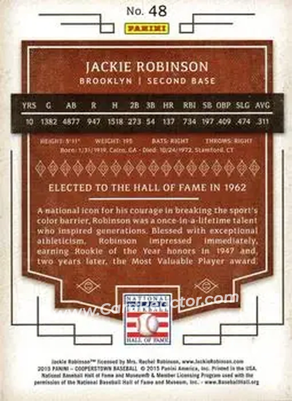 2015 Panini Cooperstown #48 - Jackie Robinson - Brooklyn Dodgers - Back