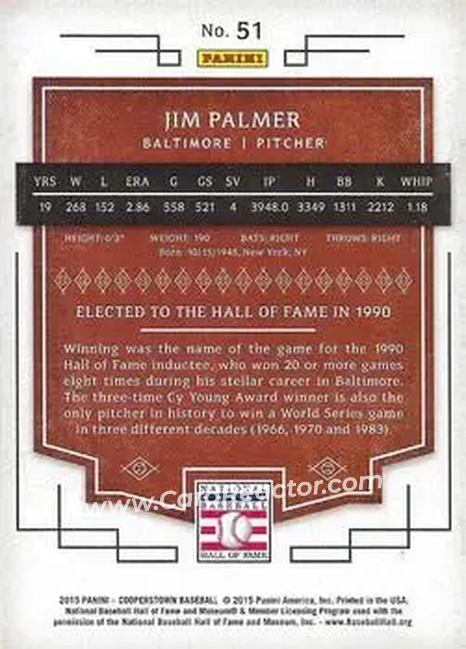 2015 Panini Cooperstown #51 - Jim Palmer - Baltimore Orioles - Back 2015 Panini Cooperstown #51 - Jim Palmer - Baltimore Orioles - Back