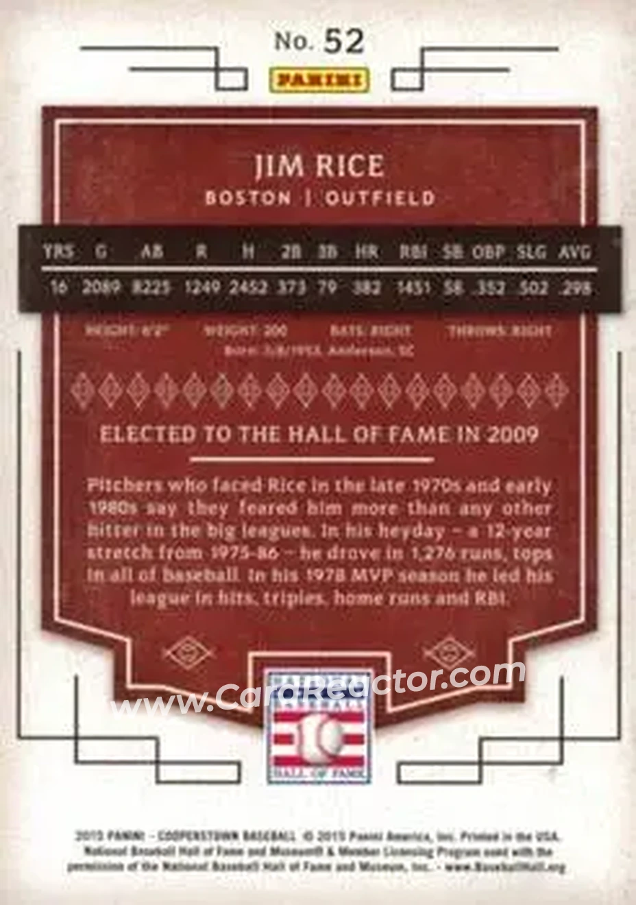 2015 Panini Cooperstown #52 - Jim Rice - Boston Red Sox - Back