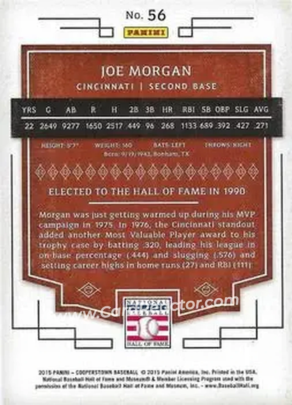 2015 Panini Cooperstown #56 - Joe Morgan - Cincinnati Reds - Back