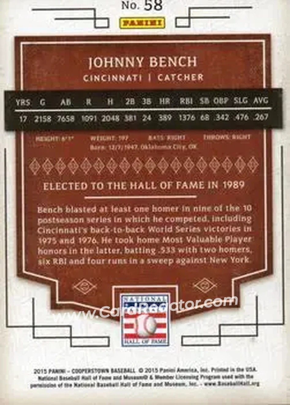 2015 Panini Cooperstown #58 - Johnny Bench - Cincinnati Reds - Back