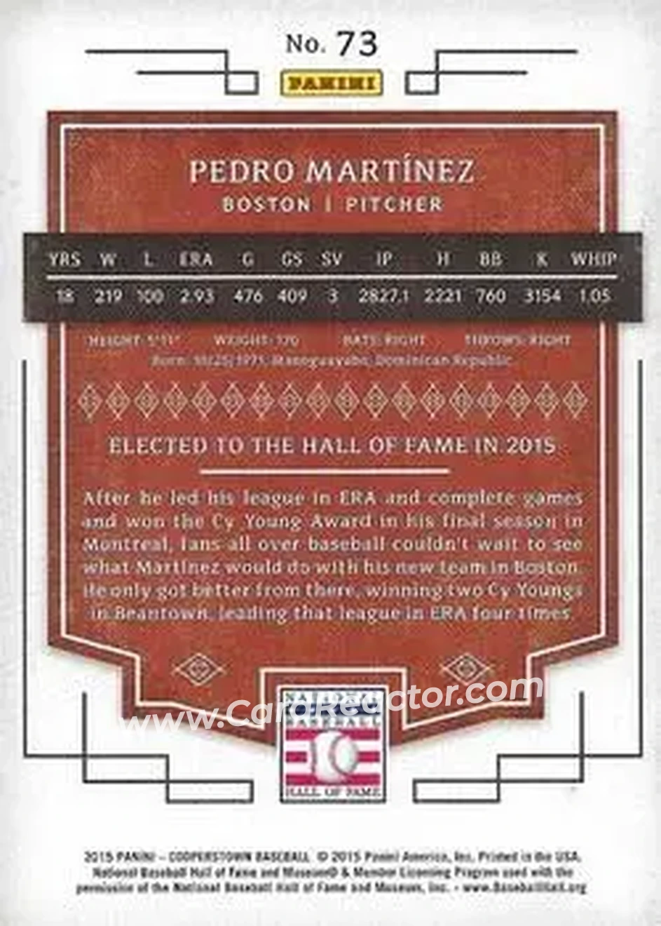 2015 Panini Cooperstown #73 - Pedro Martinez - Boston Red Sox - Back 2015 Panini Cooperstown #73 - Pedro Martinez - Boston Red Sox - Back