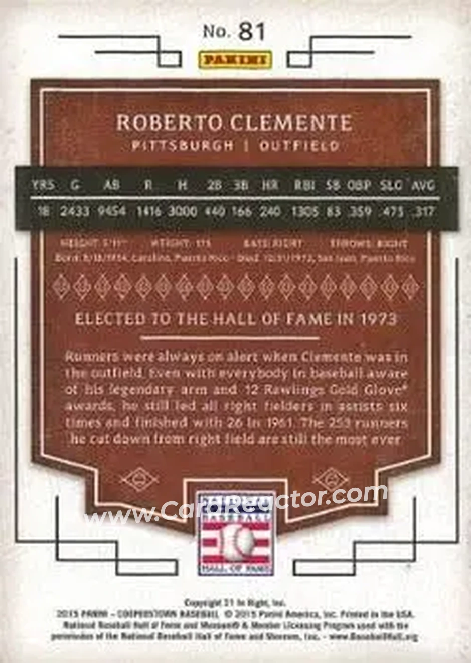 2015 Panini Cooperstown #81 - Bob Clemente - Pittsburgh Pirates - Back