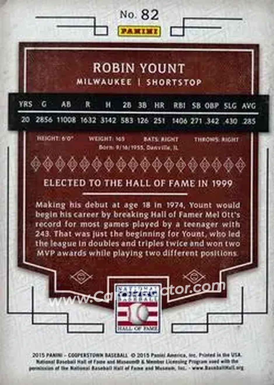 2015 Panini Cooperstown #82 - Robin Yount - Milwaukee Brewers - Back
